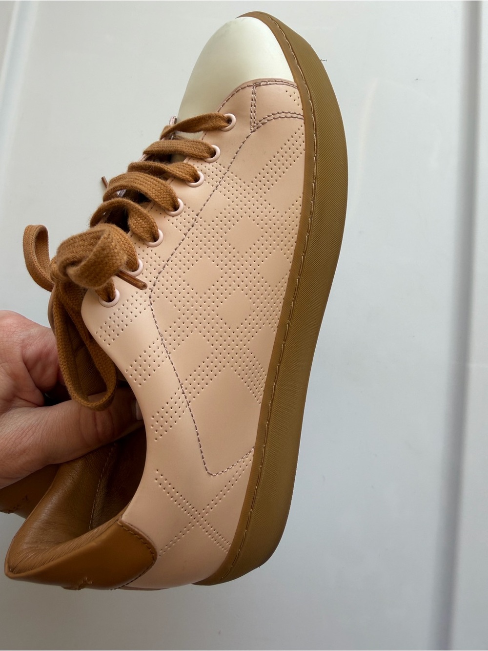 Burberry Leather Colorblock Pattern Sneakers Pink White Tan Brown 38 or 8 women - Picture 9 of 11